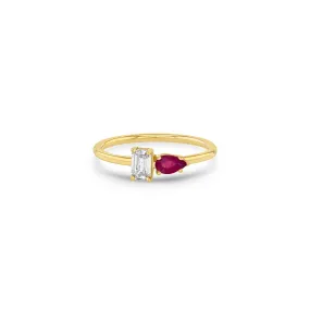 14k Pear Ruby & Emerald Cut Diamond Ring