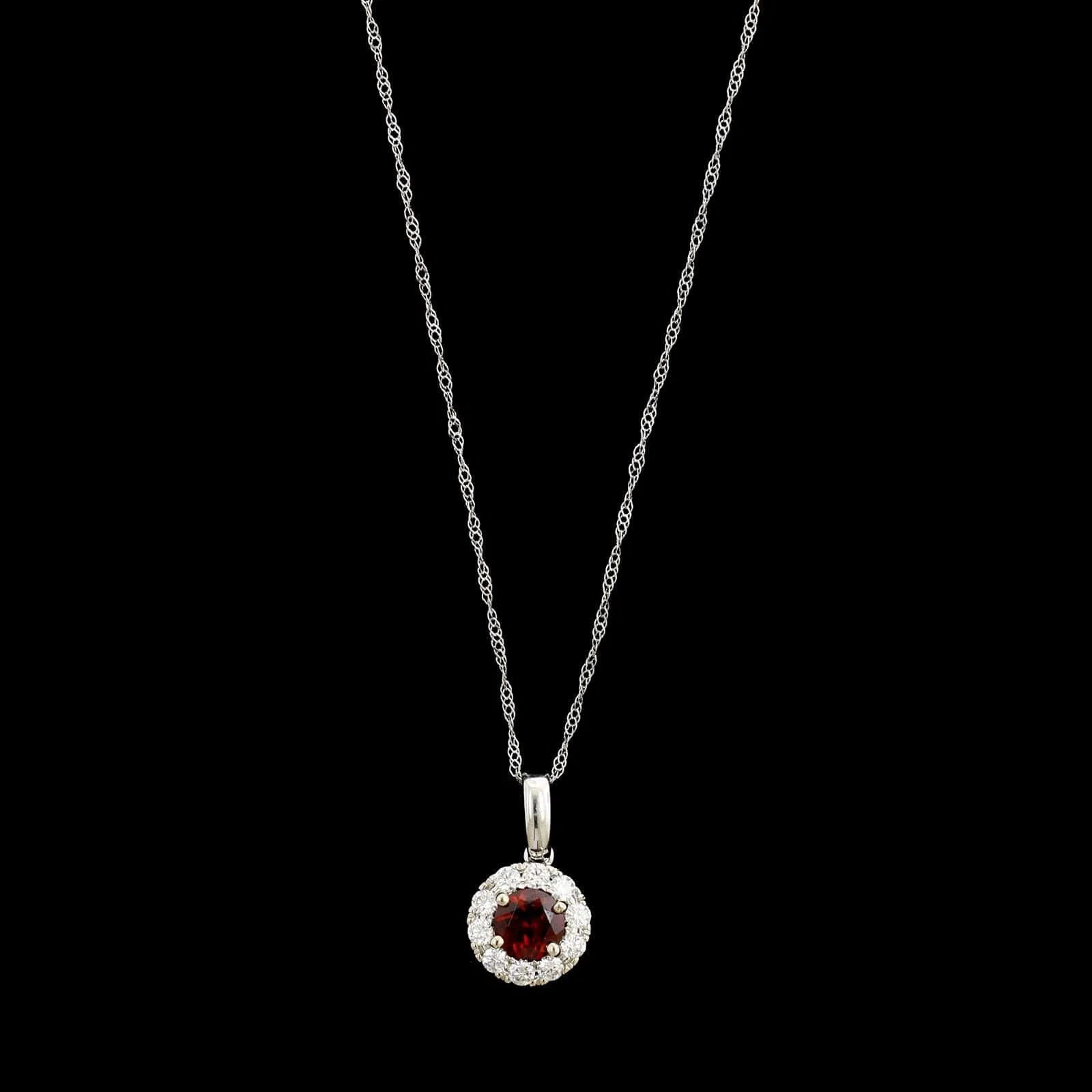 14K White Gold Estate Garnet and Diamond Pendant Necklace