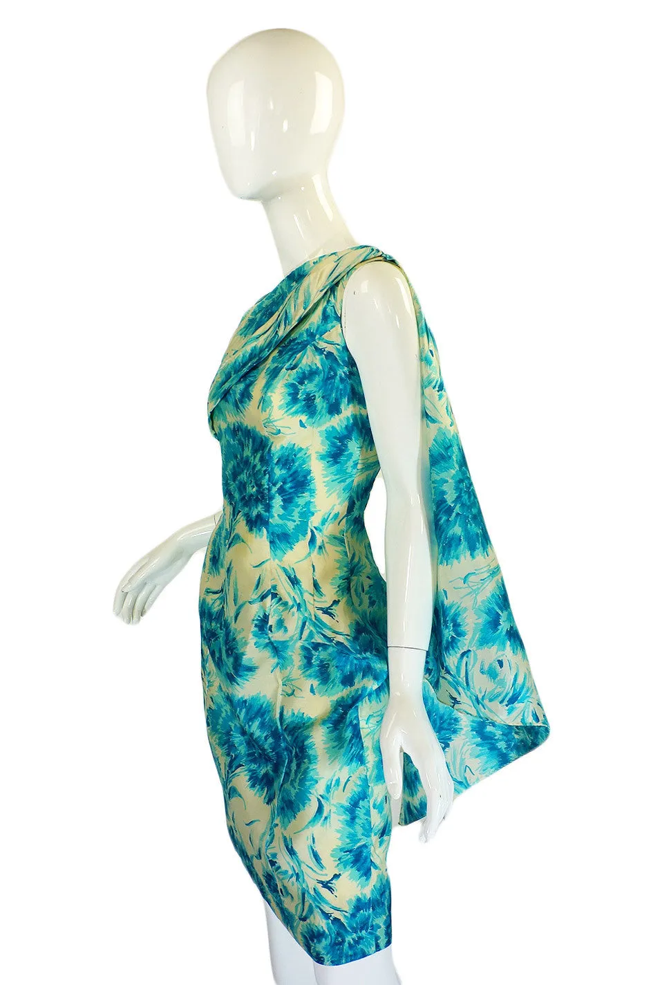 1950s Blue Print Draped Silk Wiggle Dress