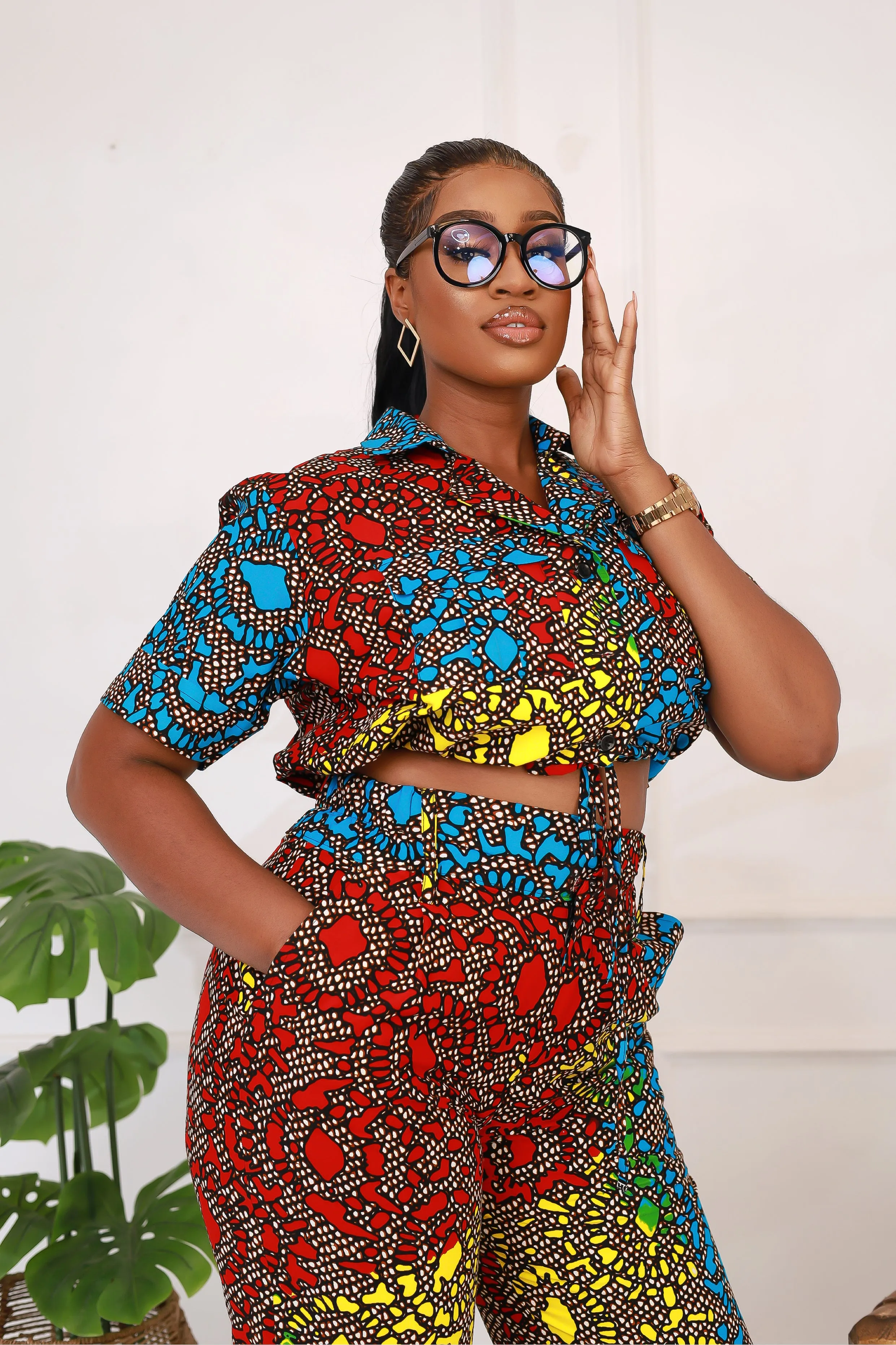 African Print Short Sleeve Crop Top - Alga