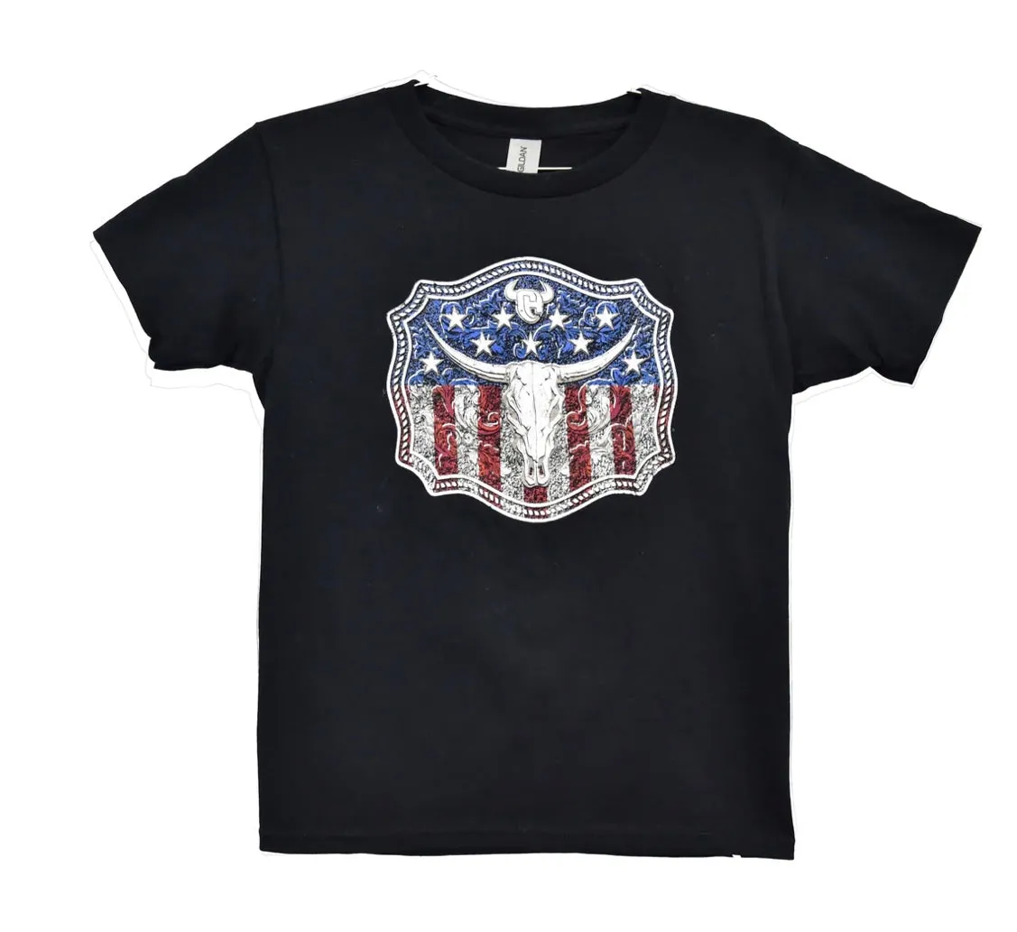 Boys Cowboy Hardware Black American Buckle Flag Short Sleeve T-Shirt