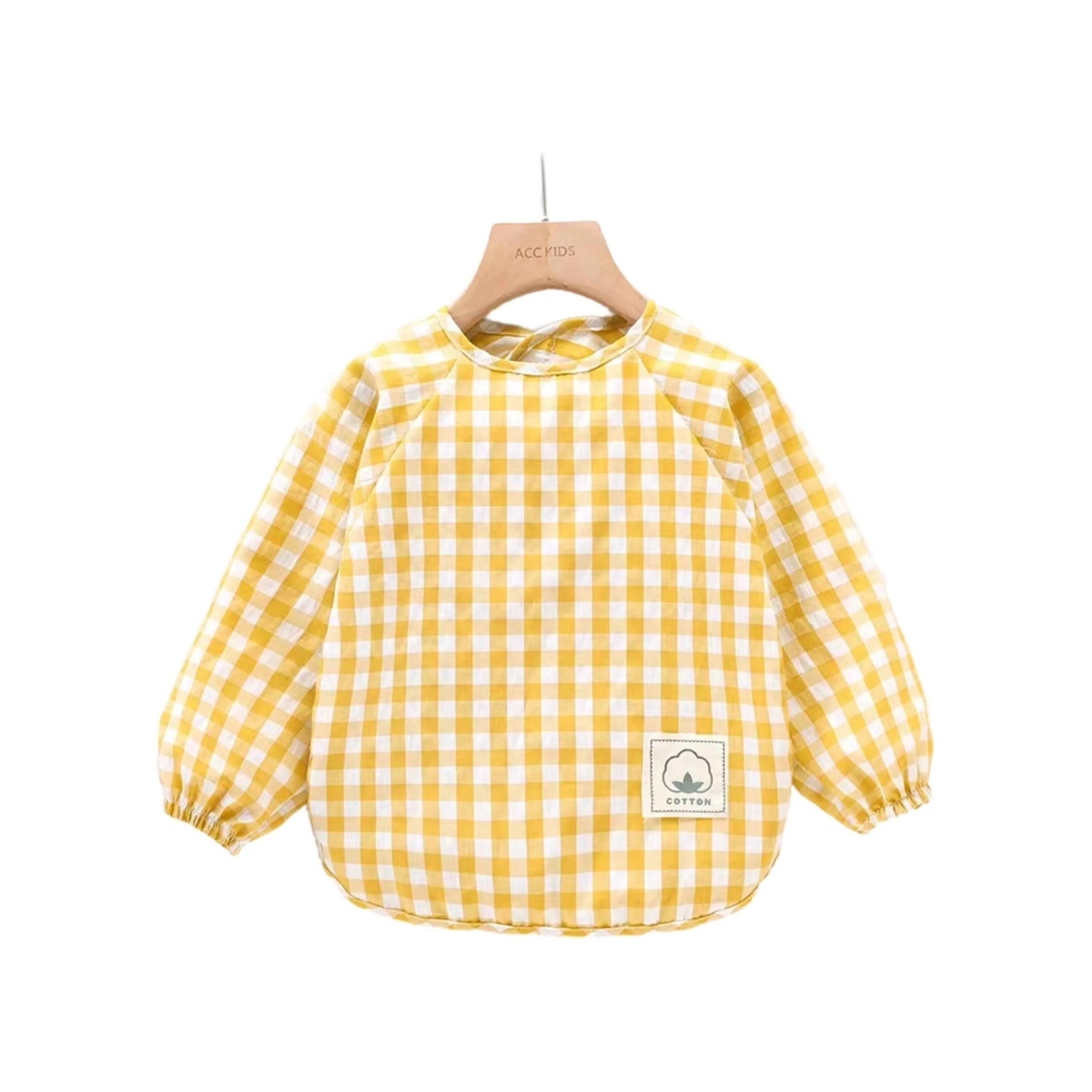 Classic Gingham Style Long-Sleeve Baby Smock in Lemon