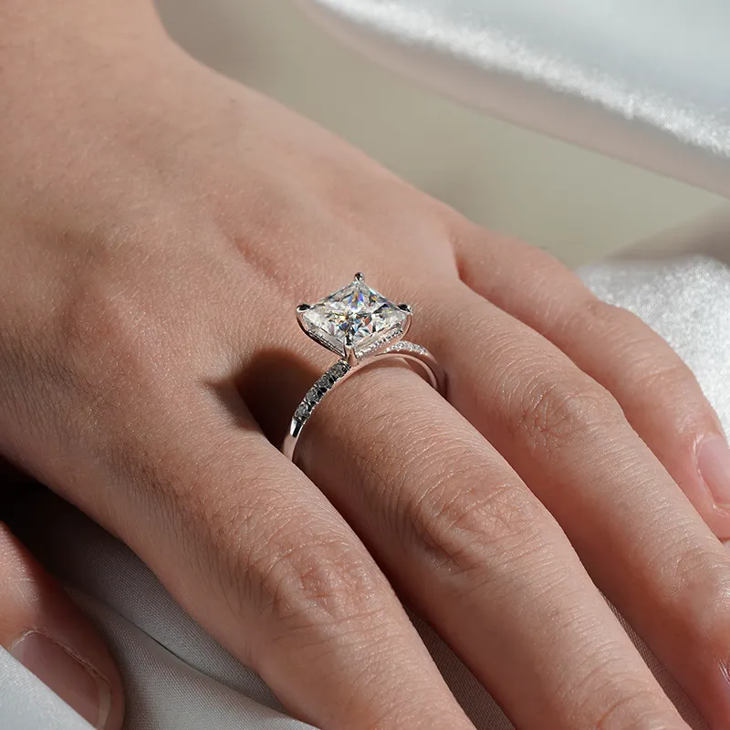 Classic Solitaire Princess Cut Engagement Ring With Hidden Halo