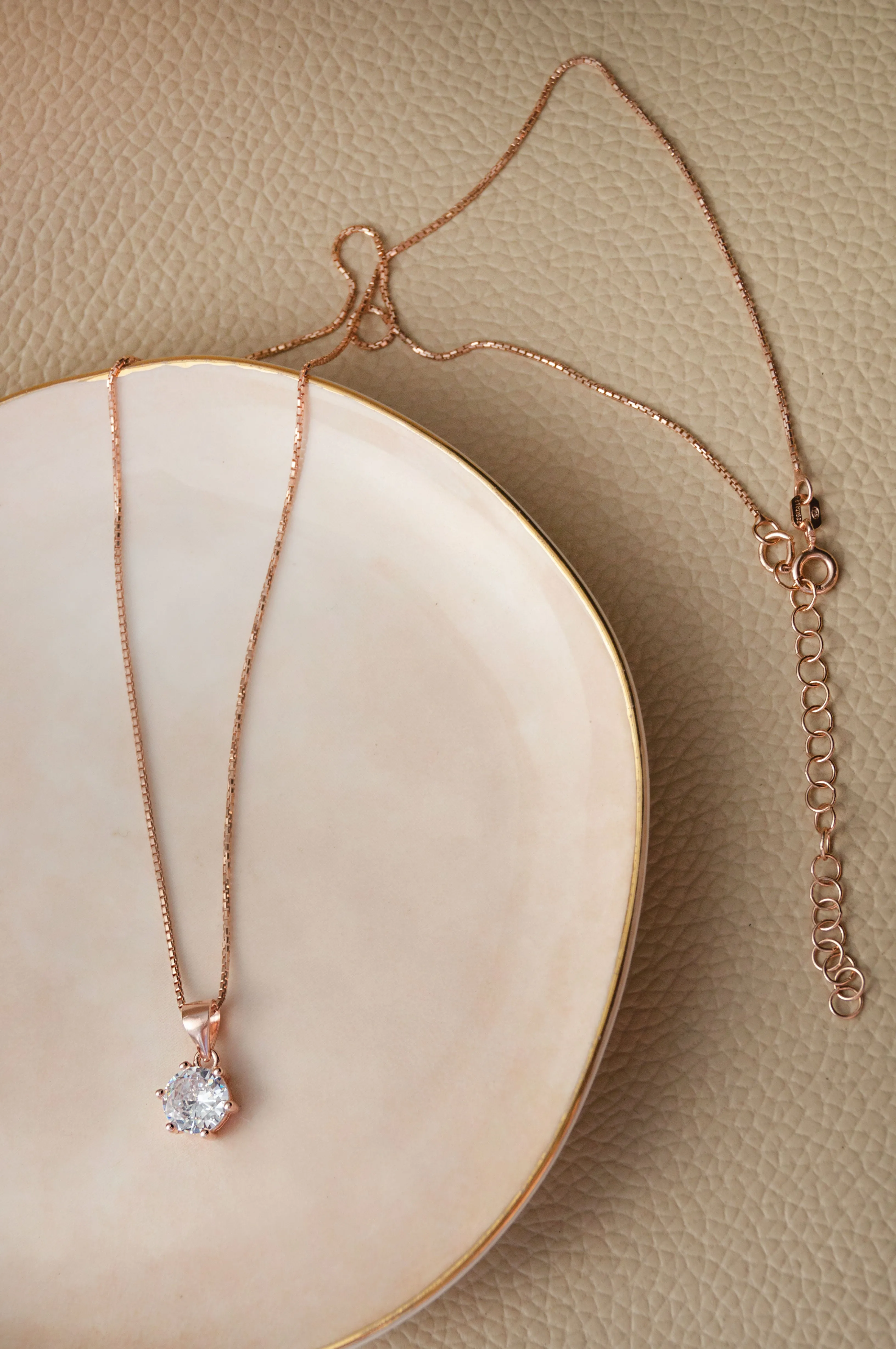 Classic Solitaire Rose Gold Plated Sterling Silver Chain Necklace