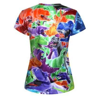 Colorful T-Rex All Over Collage Print Short Sleeve T-Shirt for Women