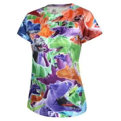 Colorful T-Rex All Over Collage Print Short Sleeve T-Shirt for Women