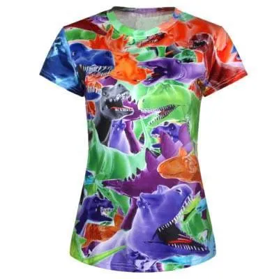 Colorful T-Rex All Over Collage Print Short Sleeve T-Shirt for Women