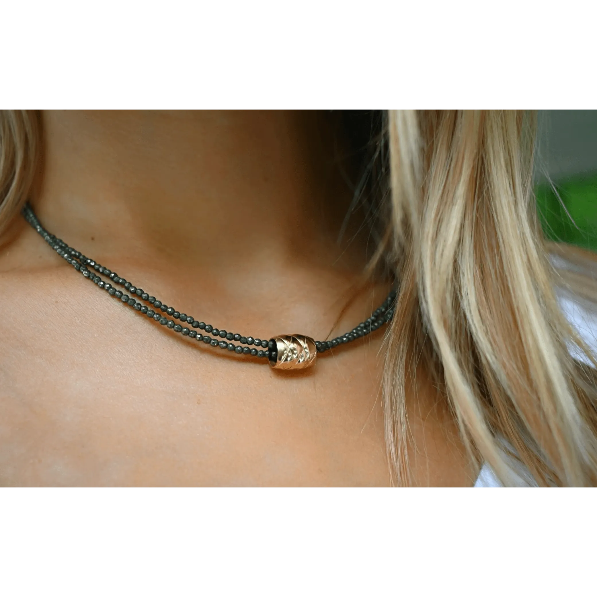 Gold Filled Barrel on Beaded Double Pyrite Chain - Waterproof