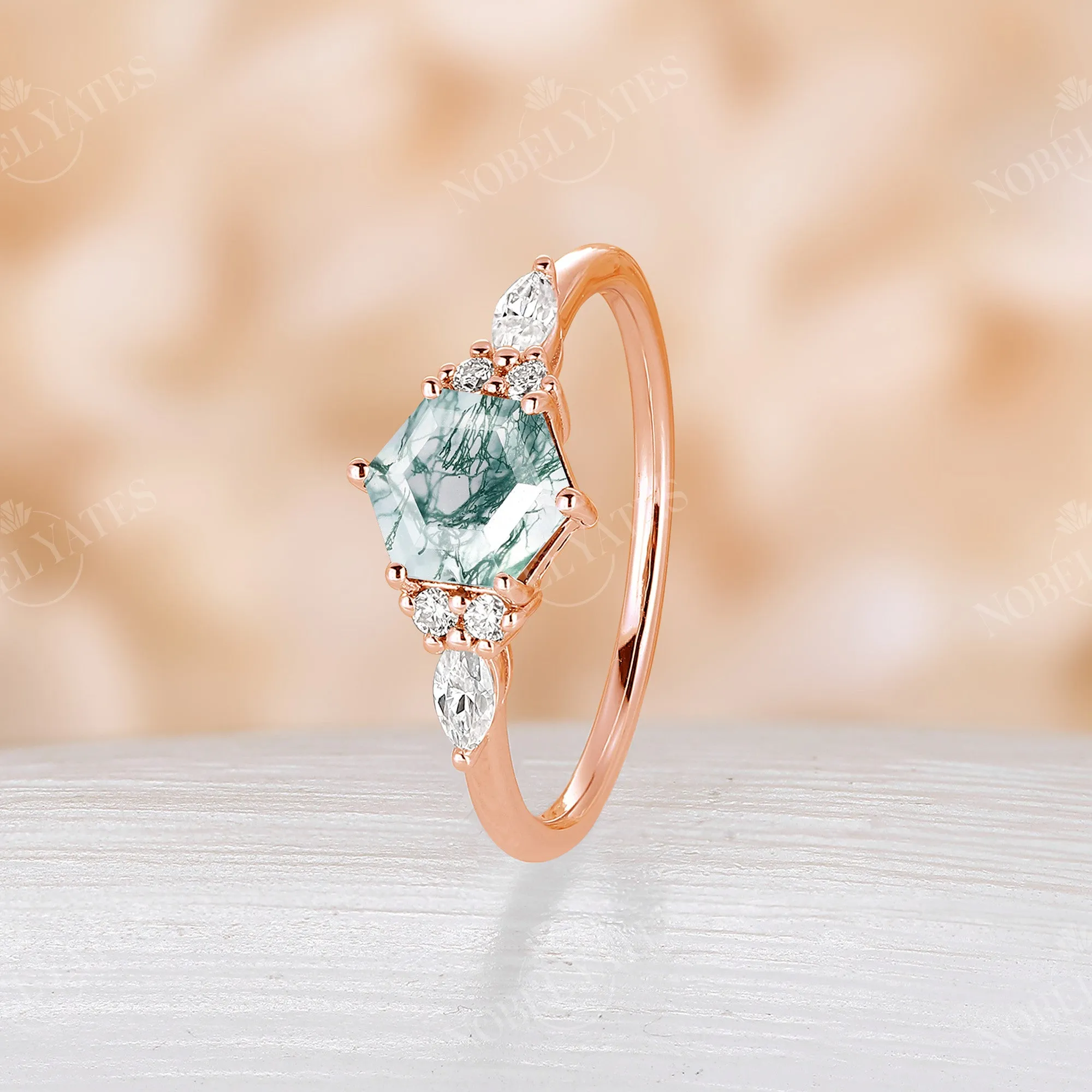 Hexagon Moss Agate Classic Cluster Engagement Ring Rose Gold