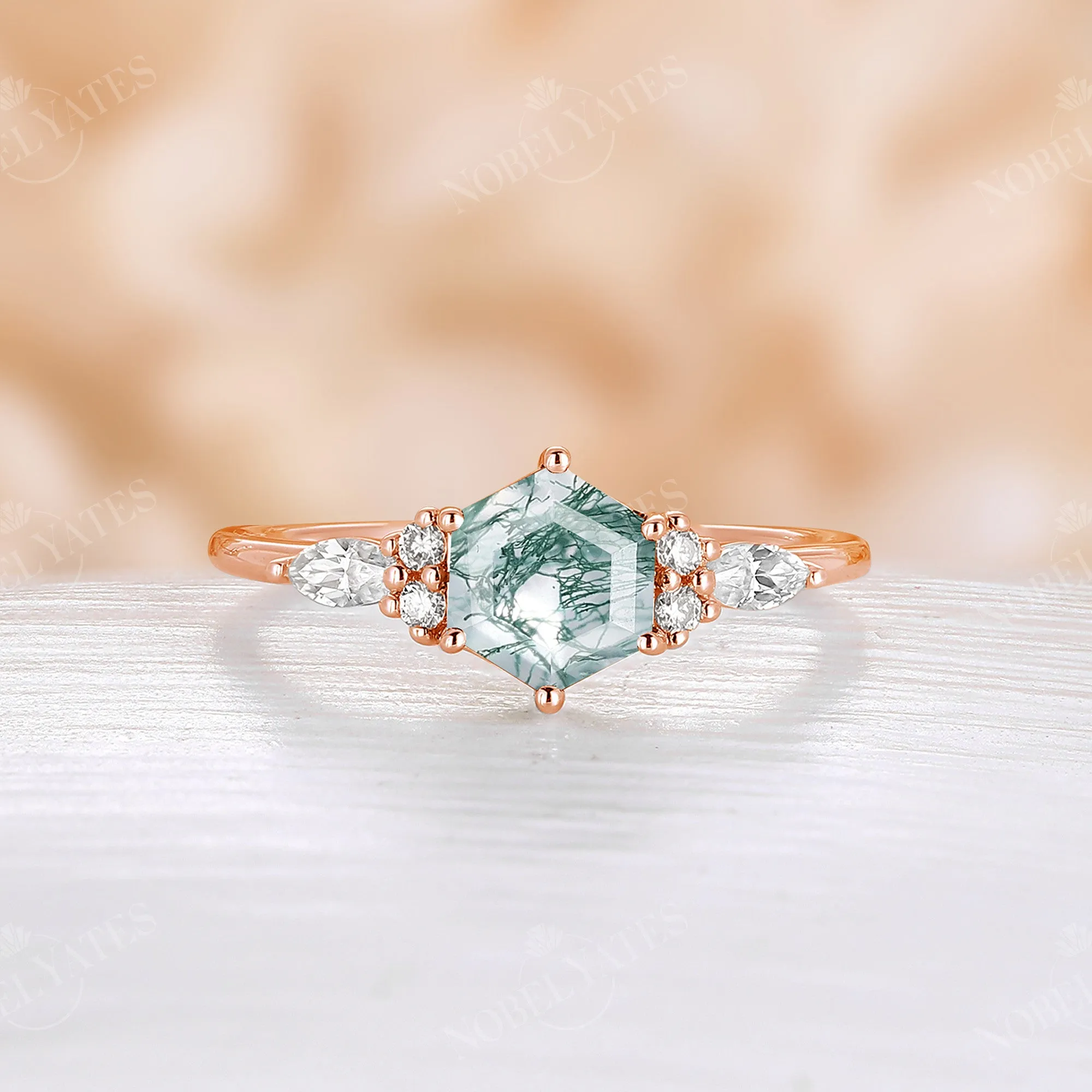 Hexagon Moss Agate Classic Cluster Engagement Ring Rose Gold