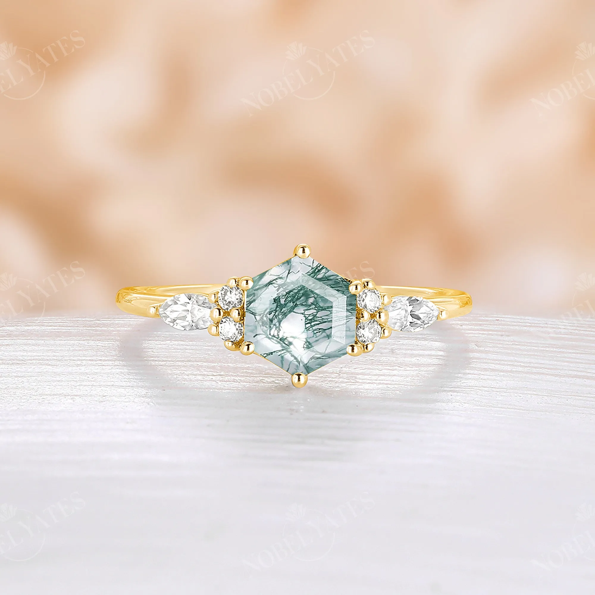 Hexagon Moss Agate Classic Cluster Engagement Ring Rose Gold