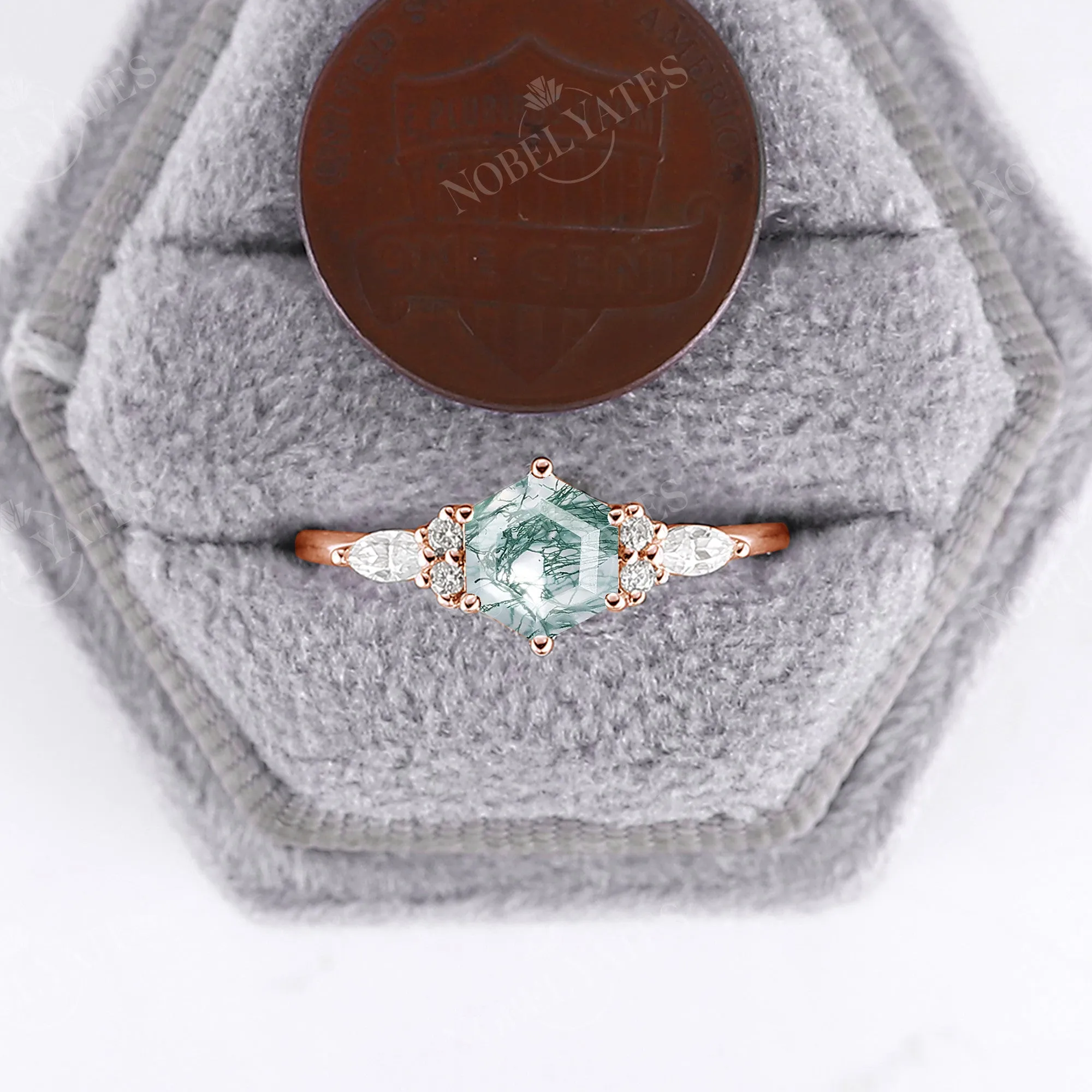 Hexagon Moss Agate Classic Cluster Engagement Ring Rose Gold