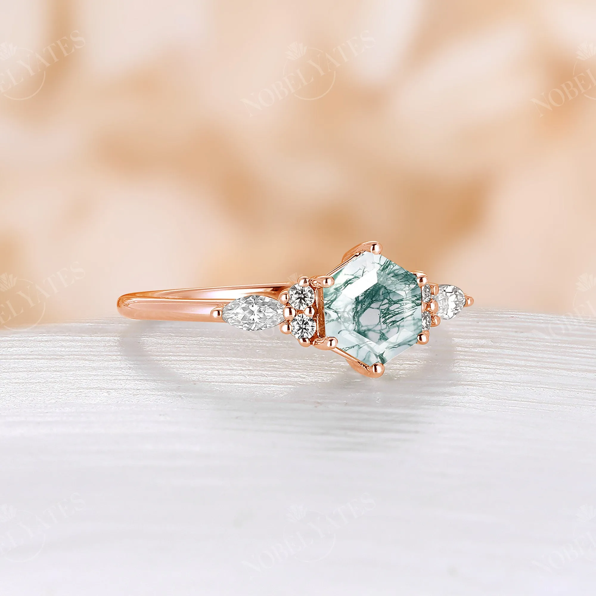 Hexagon Moss Agate Classic Cluster Engagement Ring Rose Gold