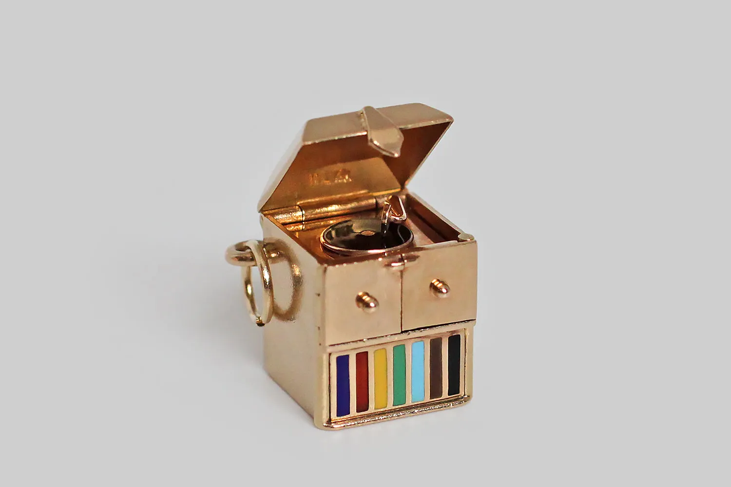 Mid 20th Century Mechanical Record Player Charm with Colorful Enamel in 14k Gold