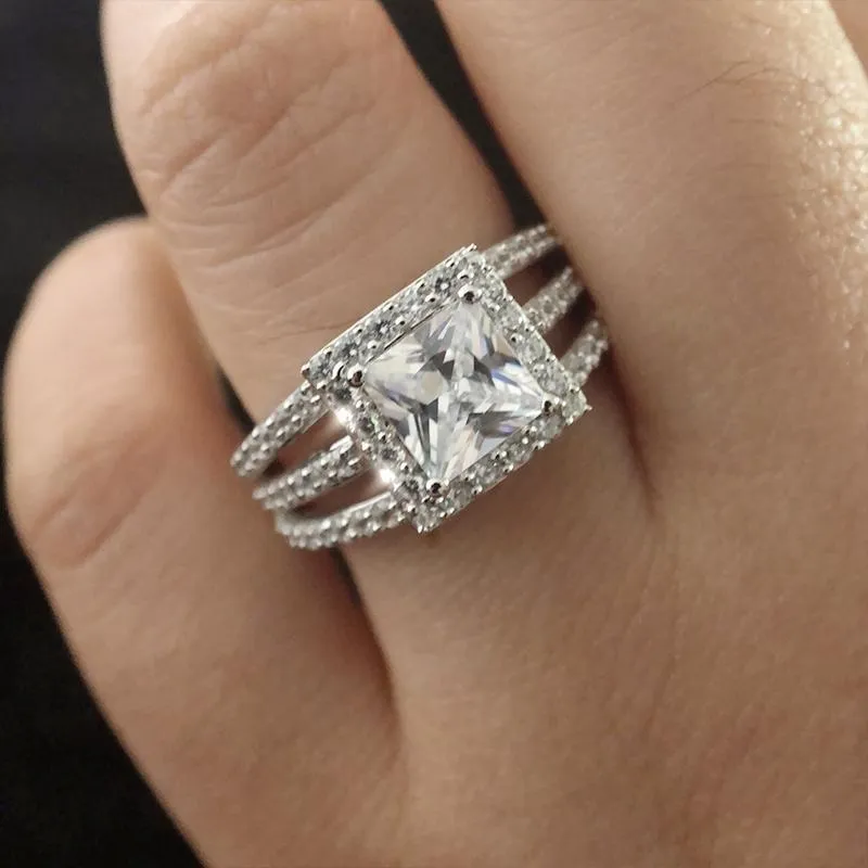 Princess Cut Halo Triple Row Stone Split Ring