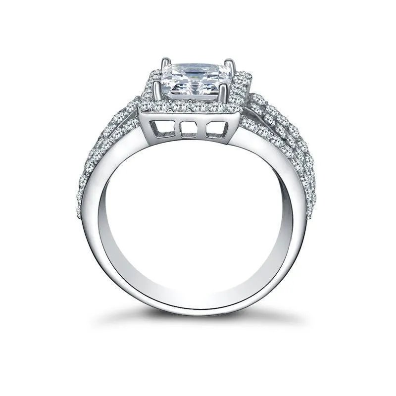 Princess Cut Halo Triple Row Stone Split Ring