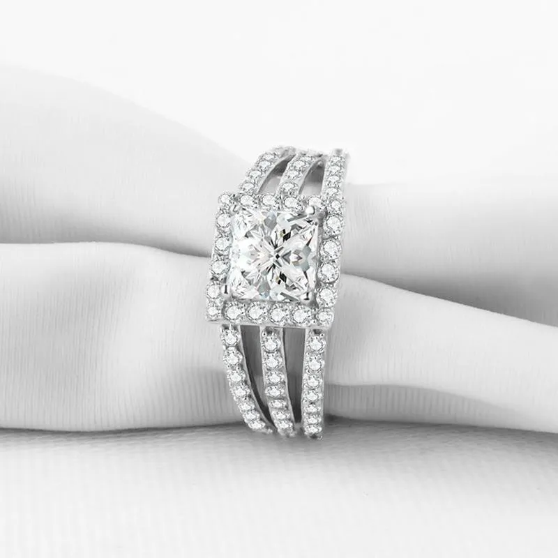 Princess Cut Halo Triple Row Stone Split Ring