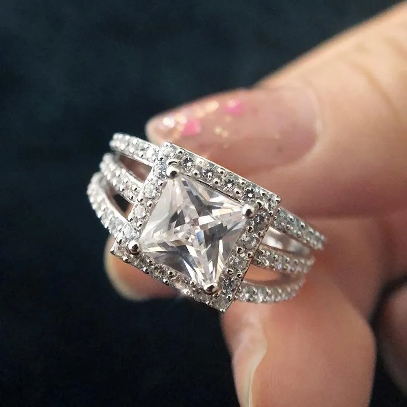 Princess Cut Halo Triple Row Stone Split Ring