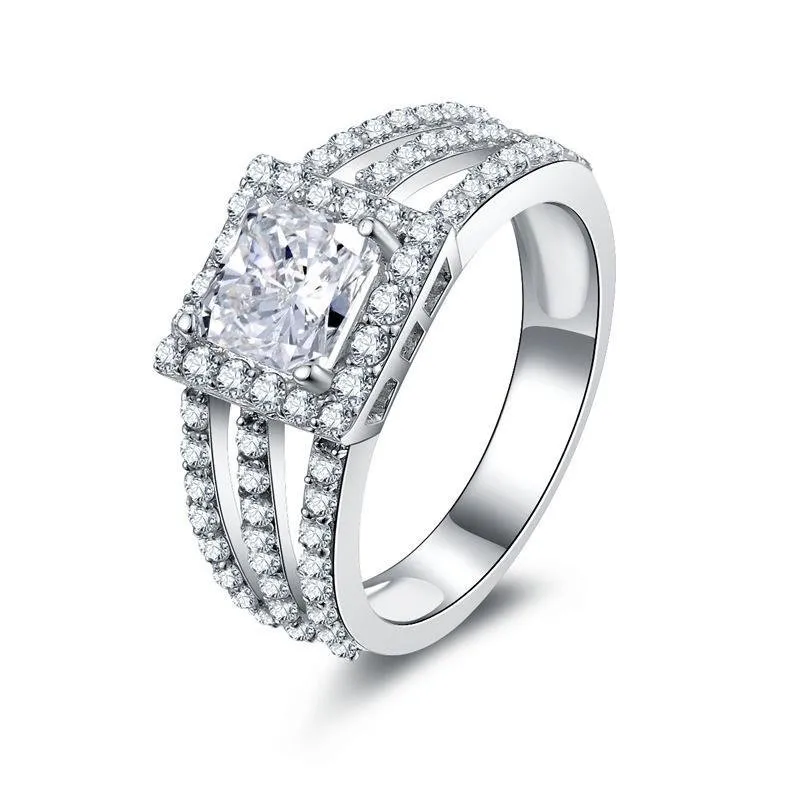 Princess Cut Halo Triple Row Stone Split Ring