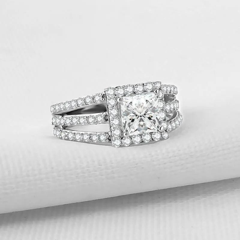 Princess Cut Halo Triple Row Stone Split Ring