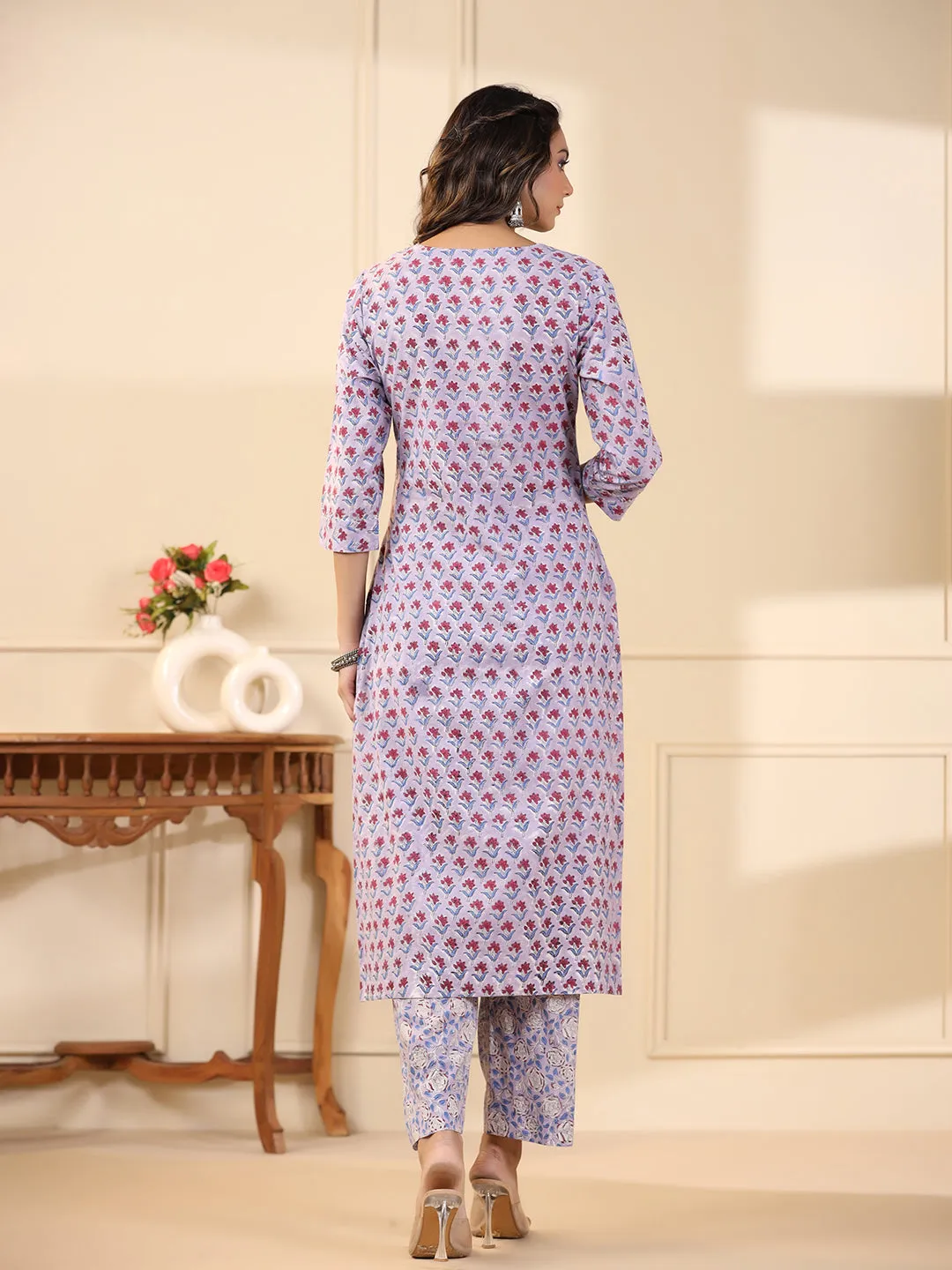 Sadabahaar Lilac & Red Butti Handblock Printed Cotton Kurta Pant