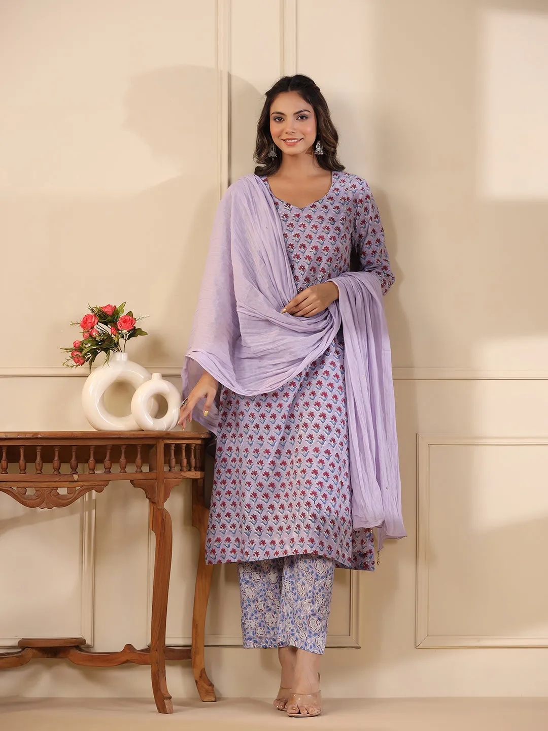 Sadabahaar Lilac & Red Butti Handblock Printed Cotton Kurta Pant